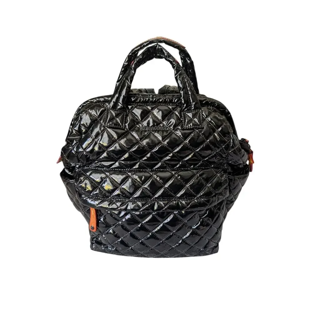 MZ Wallace Black Lacquer Quilted Metro Top Handle Patent Backpack Medium